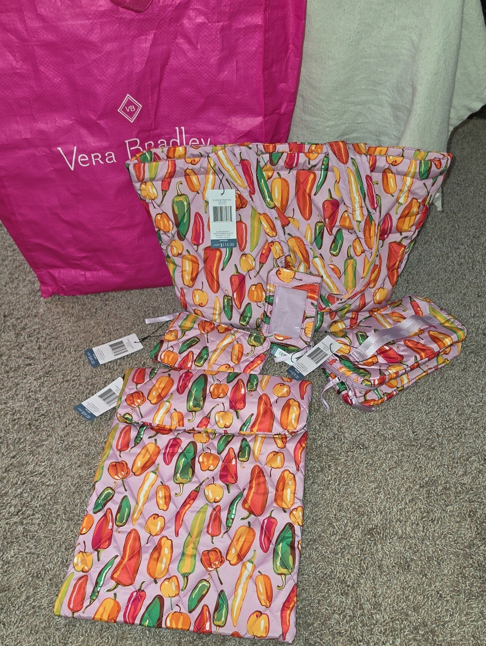 Vera Bradley Spice It Up Pink Multicolor Pepper Print Travel Set • New • 6 Piece